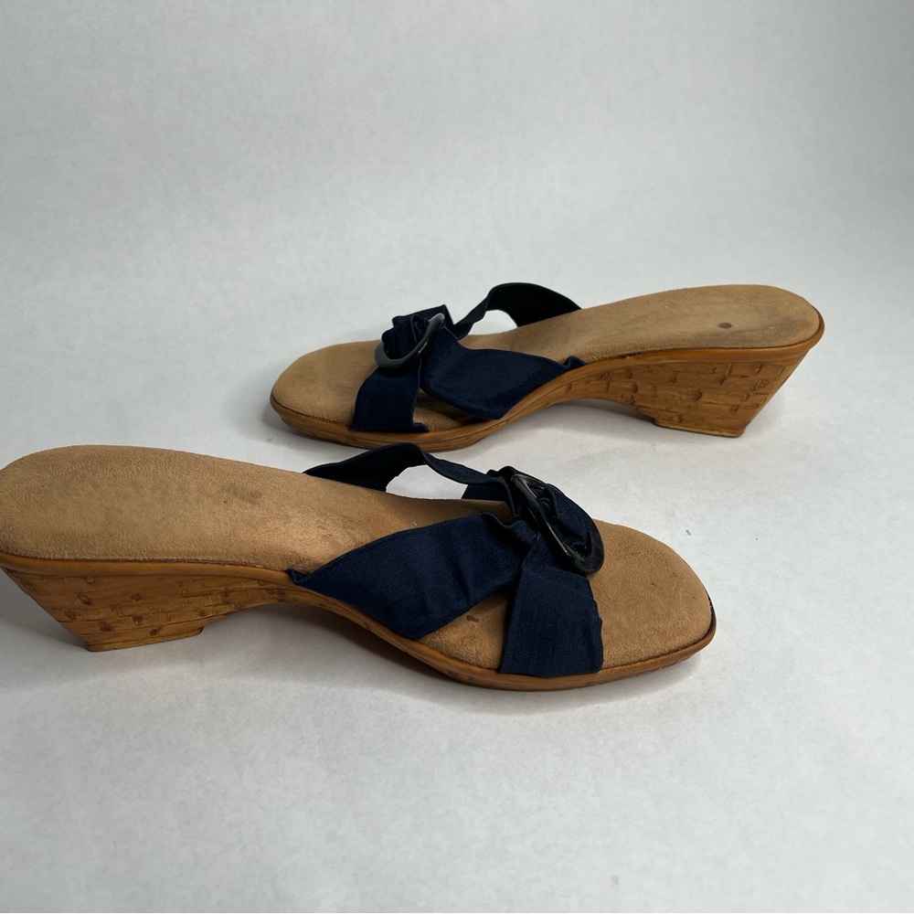 Vintage‎ ITALIAN SHOEMAKERS Navy Blue Fabric Open Toe Wedge Sandals Sz 8 - Picture 5 of 8